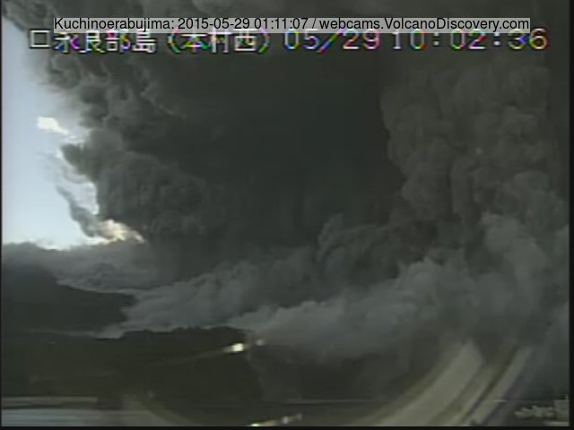 Ash plume and pyroclastic flow from the eruption of Kuchinoerabujima this morning