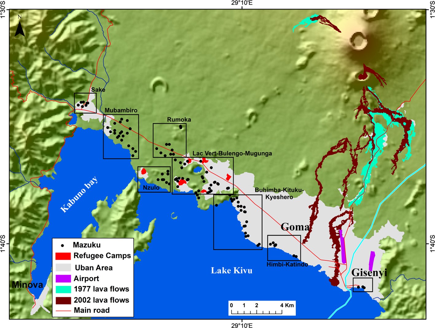 Map of the Goma area with Nyiragongo volcano, Lake Kivu and Kabuko Bay (image: Charles Balagizi)