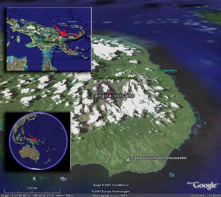 Satellite image of Langila volcano (image by Google Earth View)
