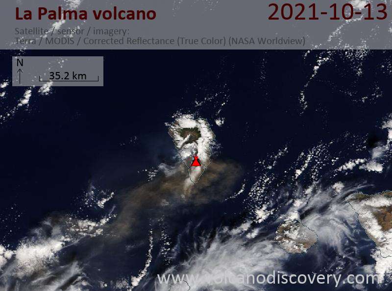 Satellitenbild des La Palma Vulkans am 13 Oct 2021
