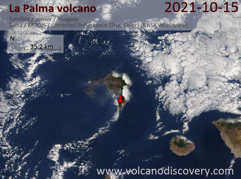Satellitenbild des La Palma Vulkans am 15 Oct 2021