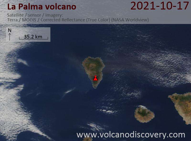 Satellitenbild des La Palma Vulkans am 18 Oct 2021