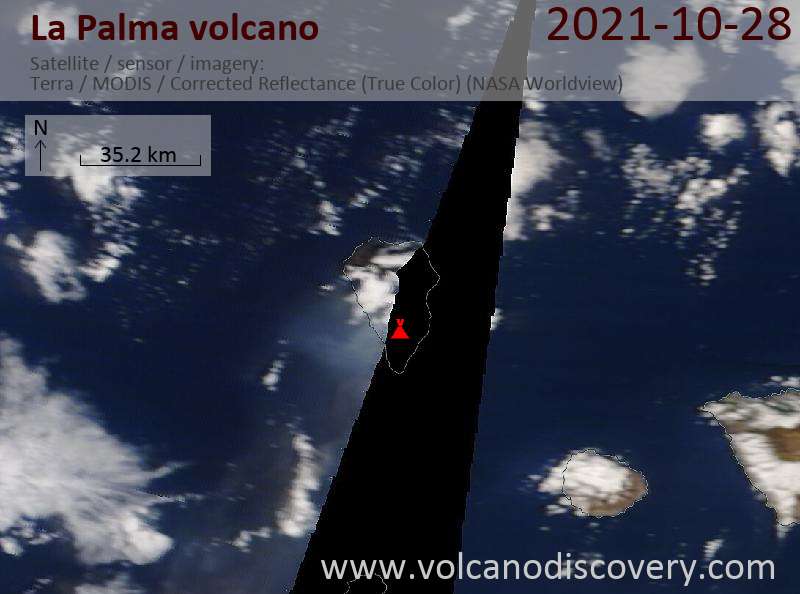 Satellite image of La Palma volcano on 28 Oct 2021