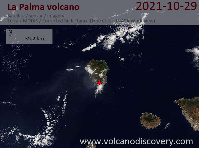 Satellitenbild des La Palma Vulkans am 29 Oct 2021