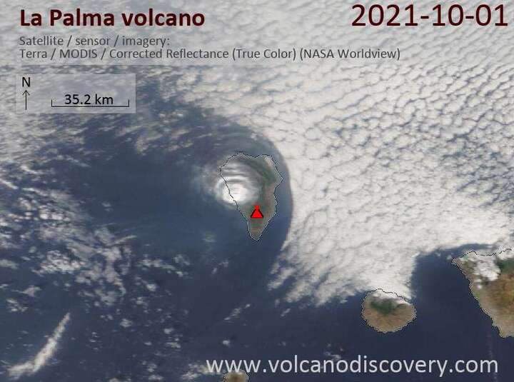 Satellite view of La Palma yesterday showing the circular eruption plume