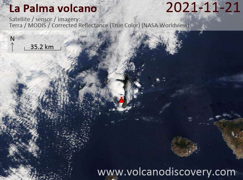 Спутниковое изображение вулкана La Palma 23 Nov 2021