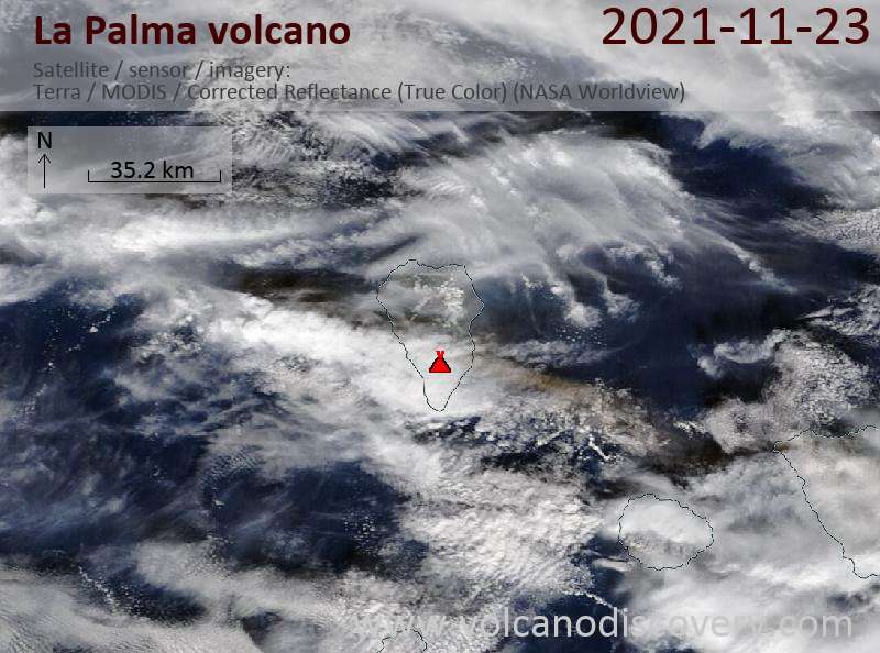 Satellitenbild des La Palma Vulkans am 24 Nov 2021