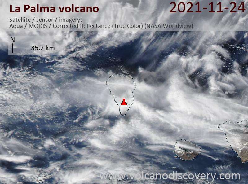 Satellitenbild des La Palma Vulkans am 25 Nov 2021