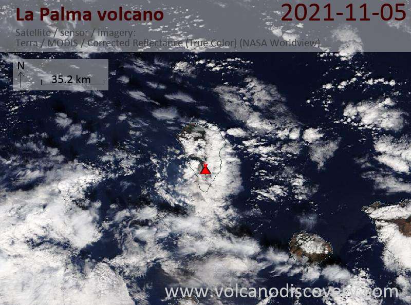 Satellite image of La Palma volcano on  6 Nov 2021