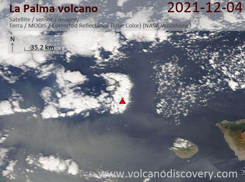 Imagen satelital del volcán La Palma el 6 de diciembre de 2021