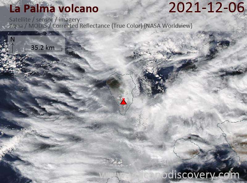 Imagen satelital del volcán La Palma el 7 de diciembre de 2021
