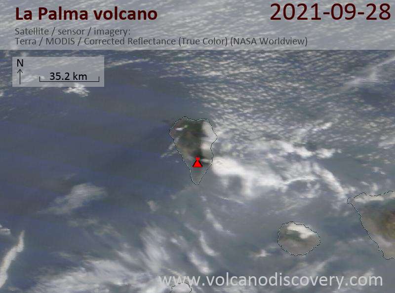 Satellitenbild des La Palma Vulkans am 29 Sep 2021