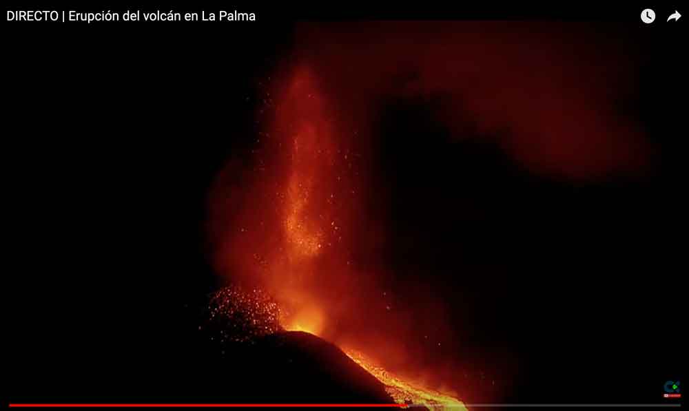 Lava fountain and flow this morning at La Palma (image: Canarias TV)