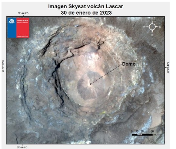 New lava dome within Lascar summit crater (image: Skysat/SERNAGEOMIN)