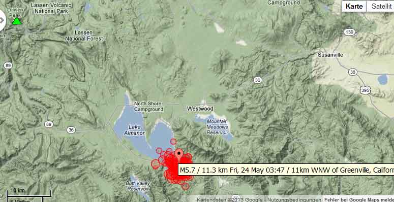 Location of recent earthquakesSE of Lassen volcano (USGS data)