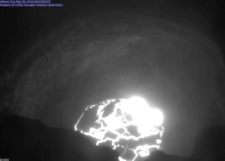 The subsiding lava lake this afternoon - the lava is drained away into the intrusion of the rift zone (image: HVO webcam)