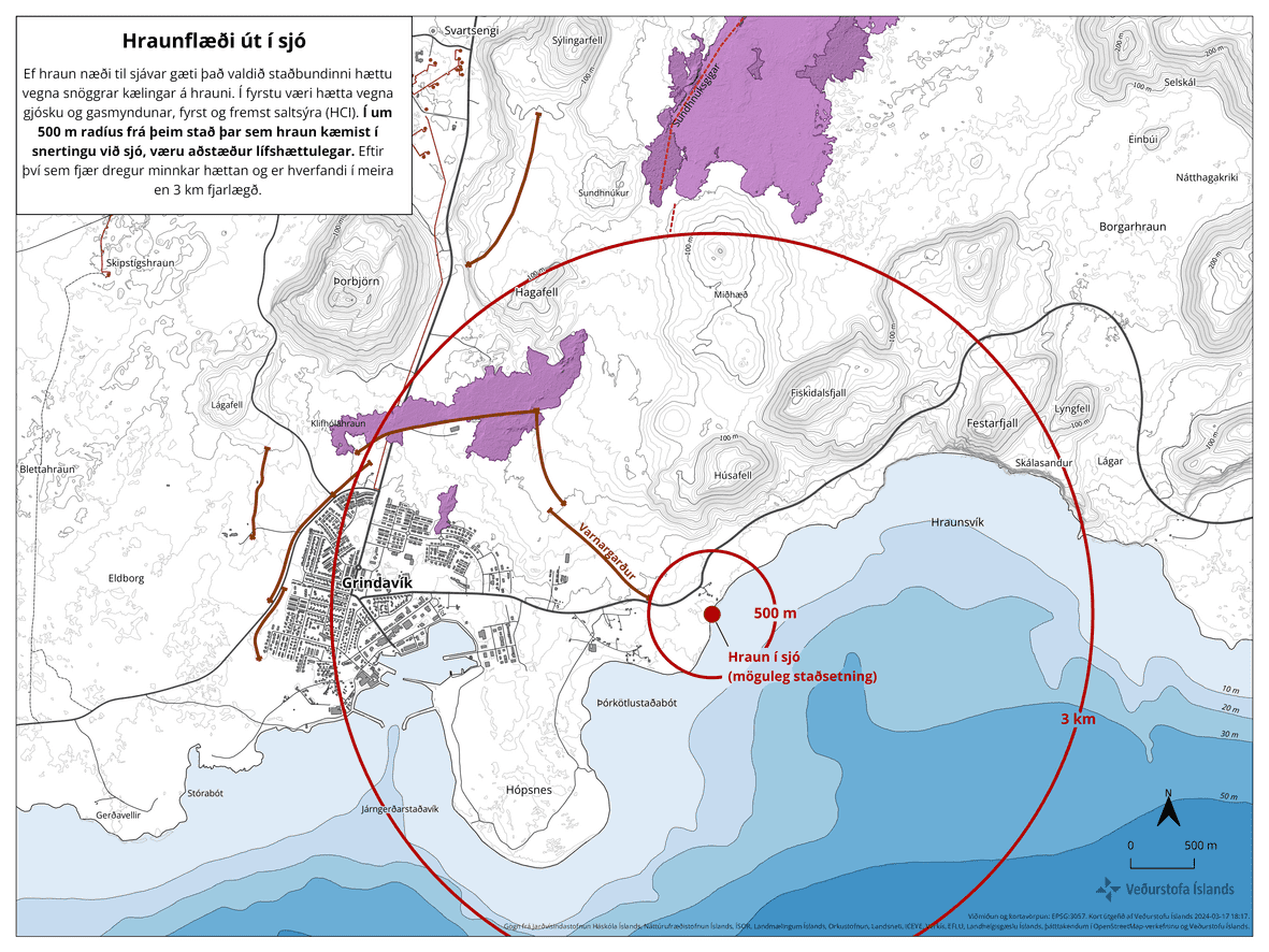 El mapa que representa la zona de impacto si la lava llegara al mar (imagen: OMI)