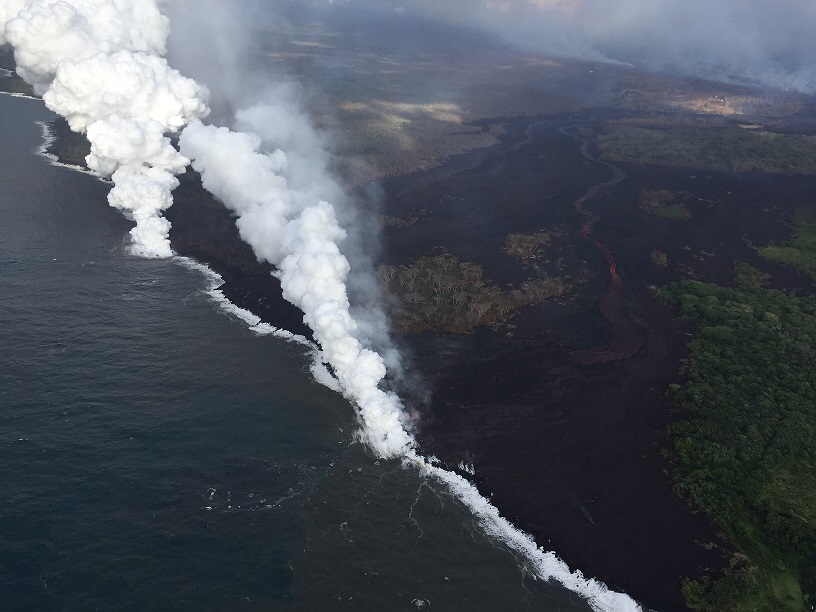 Aerial view of the two active lava ocean entries at Kīlauea Volcano's lower East Rift Zone captured during an HVO overflight on the morning of Friday 25 May, 2018. (HVO/USGS)