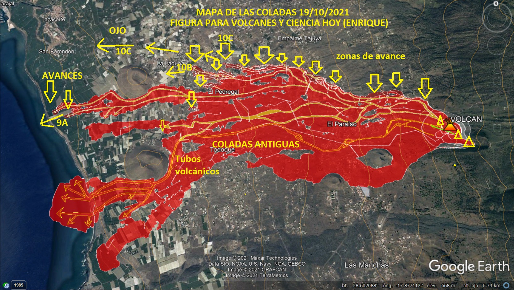 Latest map of lava flows on La Palma as of 19 Oct afternoon (image: VolcanesyCienciaHoy / facebook)