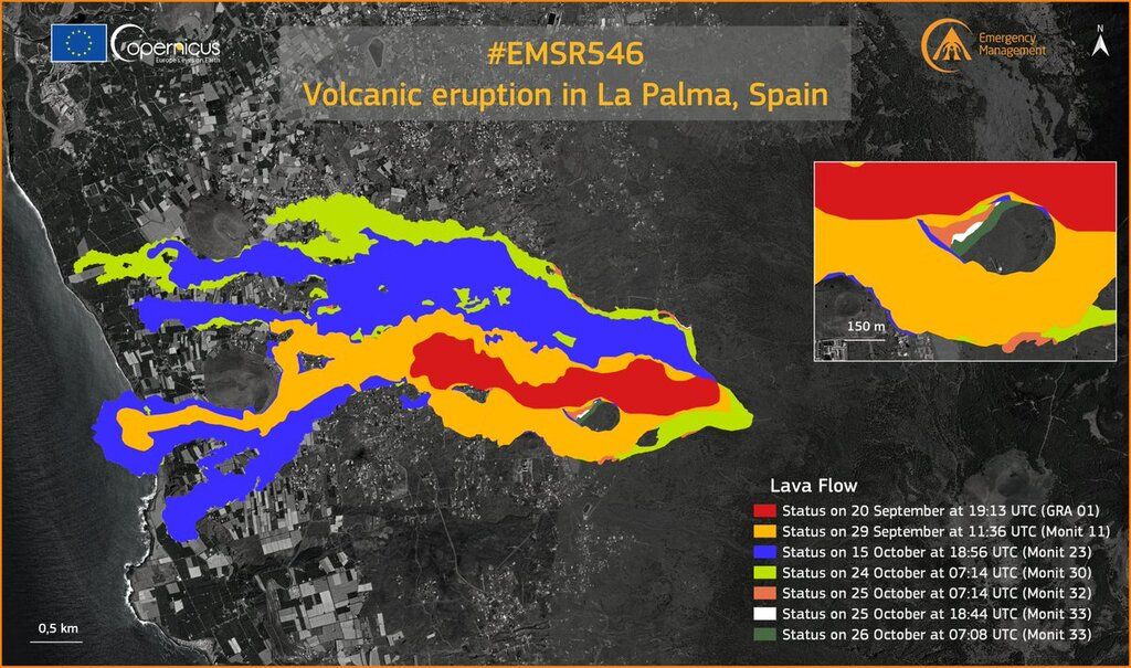 Latest map of the area covered by lava flows as of 26 Oct morning (image: Copernicus EMS)