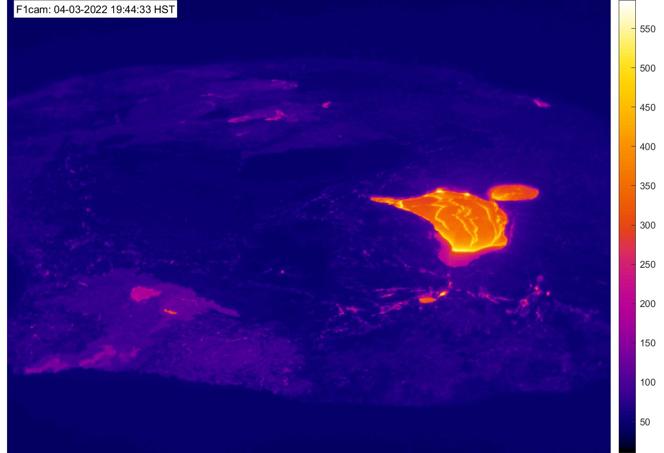 Lava lake in Halema'uma'u crater of Kilauea volcano seen on the thermal crater rim webcam of HVO