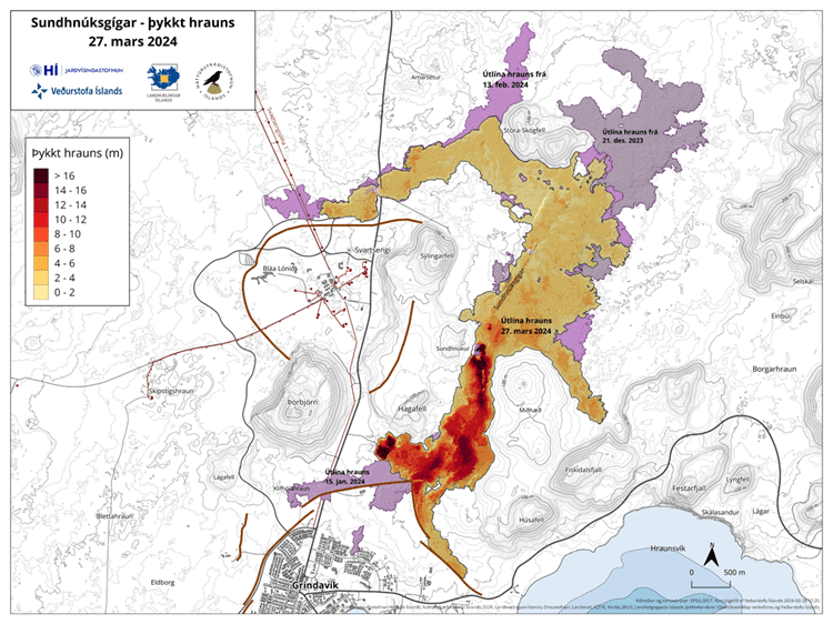 The lava flow map from 27 March portrays its area and thickness since the beginning of the eruption. The purple color represents the lava flow from December 2023 (image: IMO)