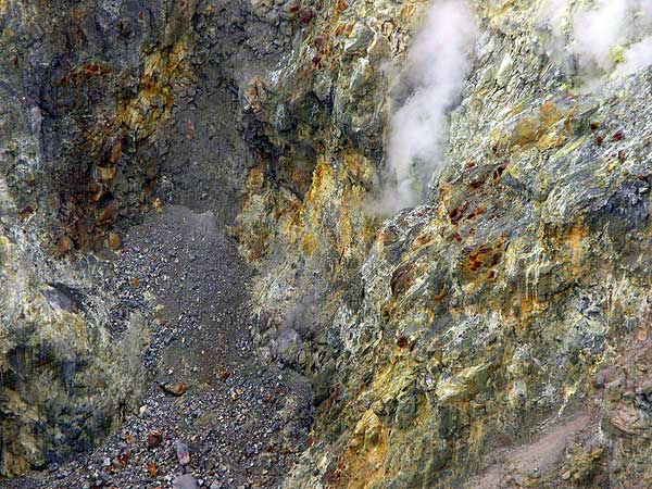 Fumaroles and sulphur deposits on the inner crater walls of Lokon volcano