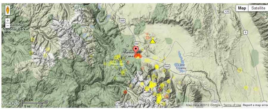 Location of the recent quakes at Long Valley (red dots for 12-13 Aug)