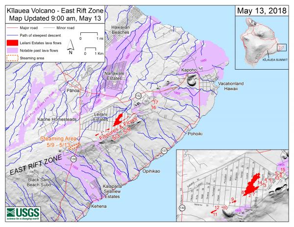 Kīlauea Lower East Rift Zone Fissures, May 13 at 9:00 a.m. HST