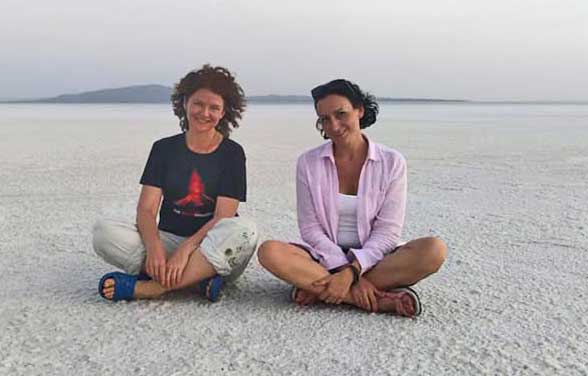 Marina (l) and Irina on the Assale salt lake in Ethiopia's Danakil