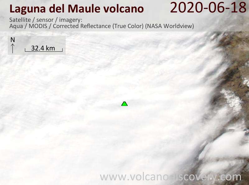 Imagen satelital del volcán Laguna del Moule el 18 de junio de 2020