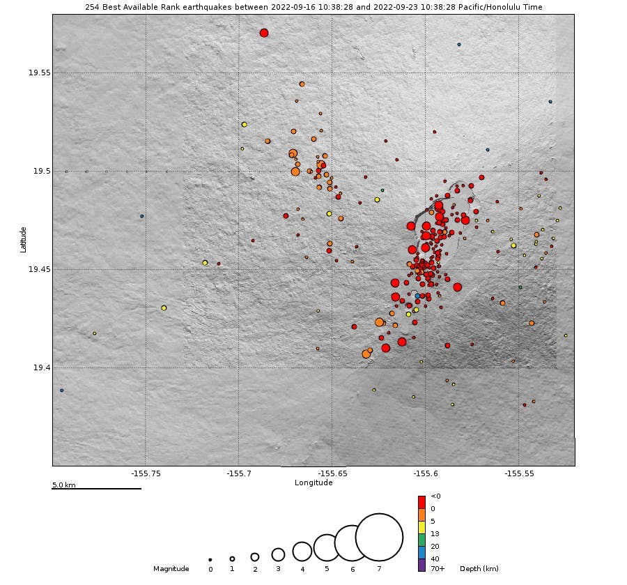 The seismic activity beneath Mauna Loa volcano during 16-23 Sep (image: Hawaii Tracker)