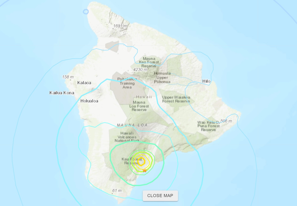 Location of M 5.0 earthquake located south of Pāhala (image: HVO)