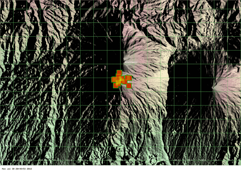 MODIS thermal image of Fuego showing the heat source at and near the summit crater (Univ. of Hawaii)