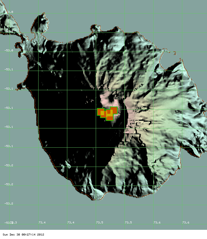 MODIS hot spots on Heard volcano during the past 7 days (MODIS / Univ. Hawai'i)