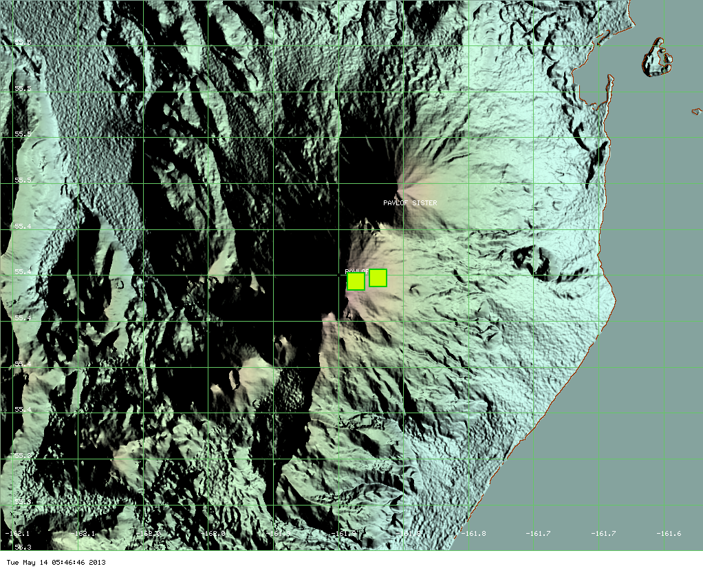 MODIS hot spot data (past 2 days) for Pavlov volcano (ModVolc, Univ. Hawaii)