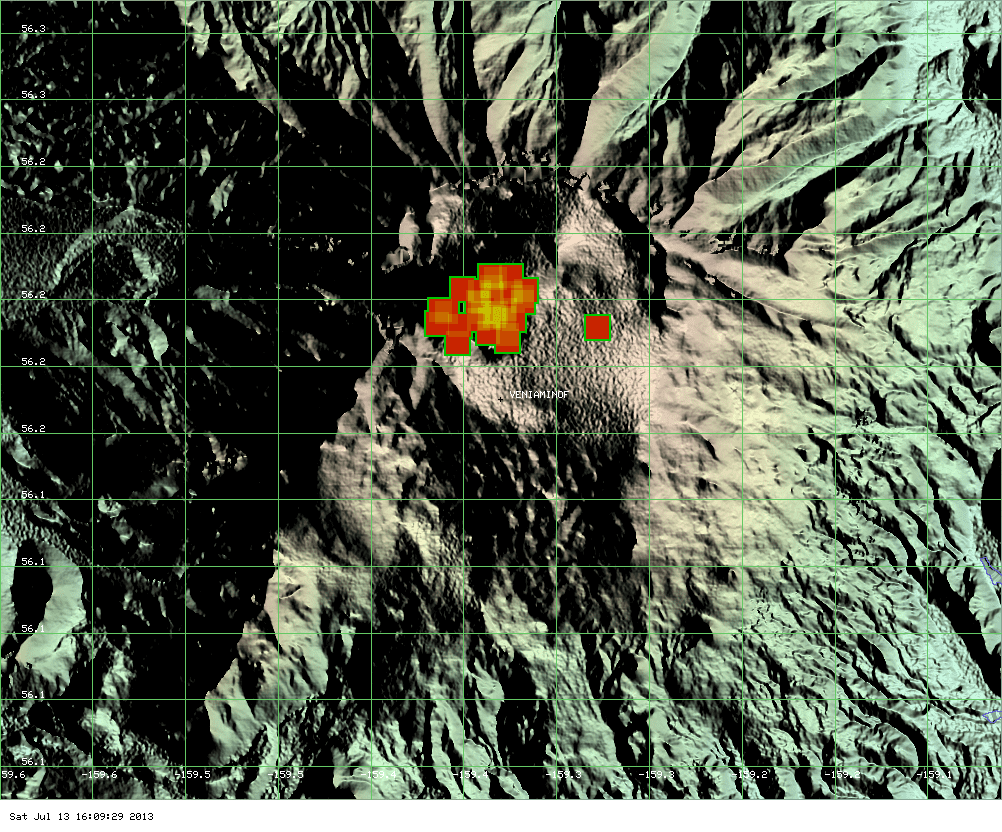 MODIS hot spot data for Veniaminof volcano showing the area of fresh lava flows (ModVolc, Univ. Hawaii)