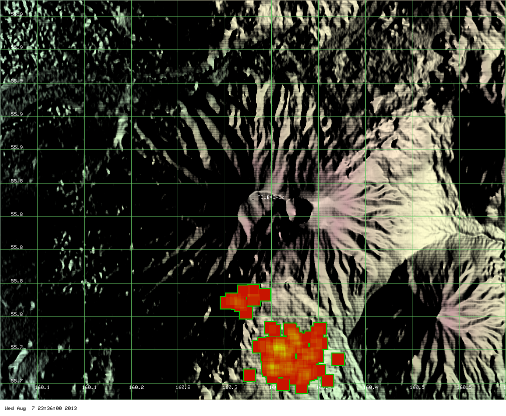 MODIS hot spot data (past 7 days) for Tolbachik volcano (ModVolc, Univ. Hawaii)