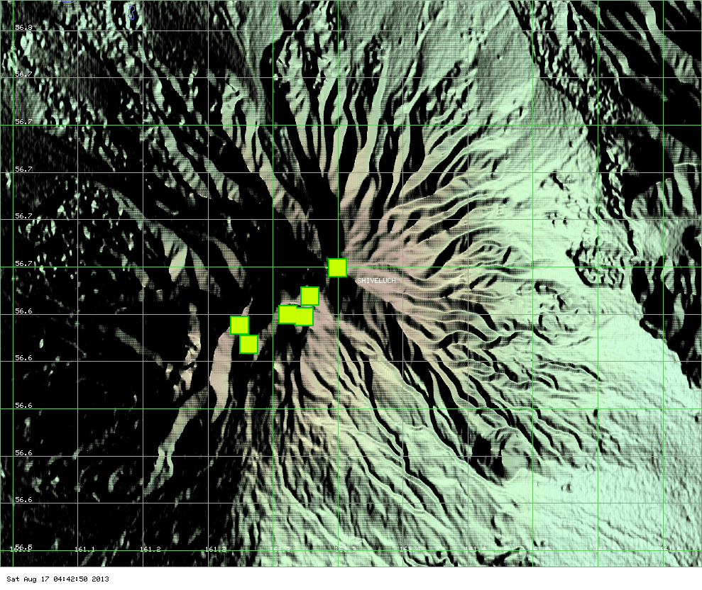 MODIS hot spot data (past 7 days) for Shiveluch volcano (ModVolc, Univ. Hawaii)