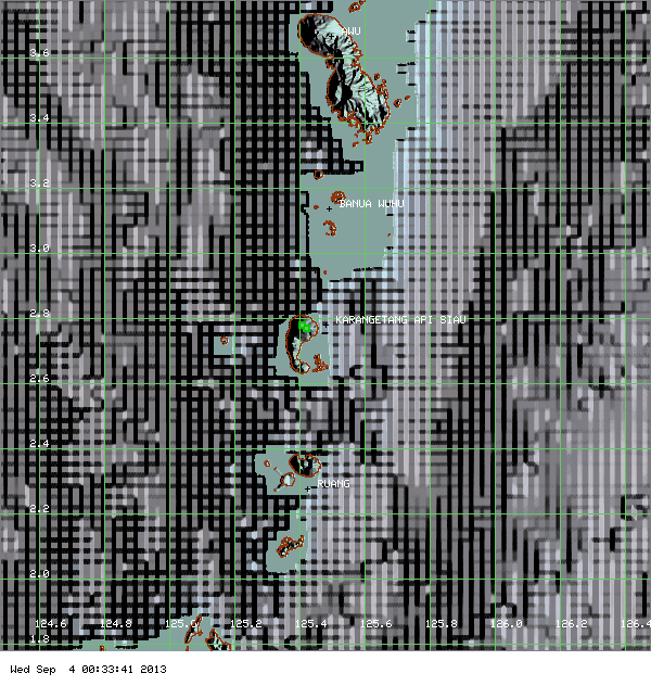 MODIS hot spot data (past 7 days) for Karangetang volcano (ModVolc, Univ. Hawaii)