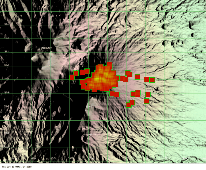 MODIS hot spot data (past 7 days) for Klyuchevskoy volcano (ModVolc, Univ. Hawaii)