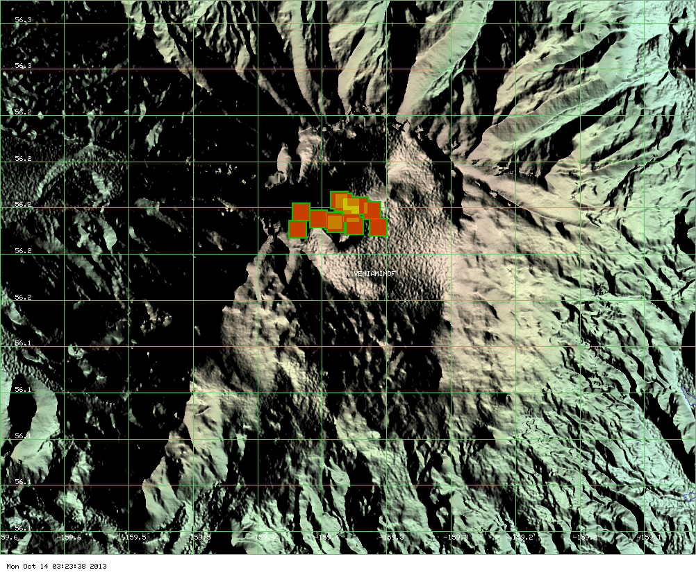 MODIS hot spot data for Veniaminof volcano showing the area of the latest lava flows (ModVolc, Univ. Hawaii)