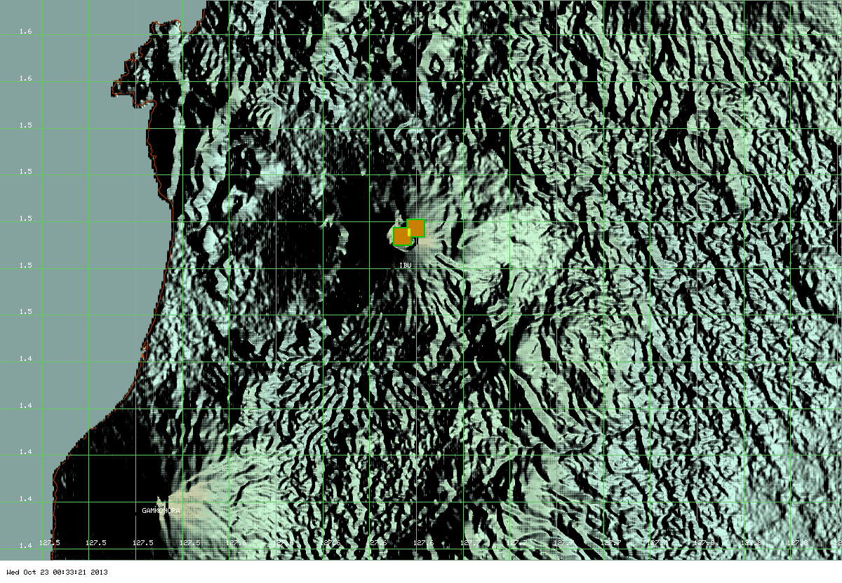 MODIS hot spot data (past 7 days) for Ibu volcano (ModVolc, Univ. Hawaii)