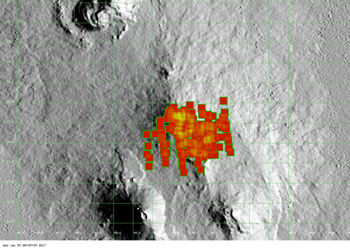 Hot spots on Erta Ale - the reported flank eruption is not (yet) visible (MODIS data, Univ. Hawai'i)