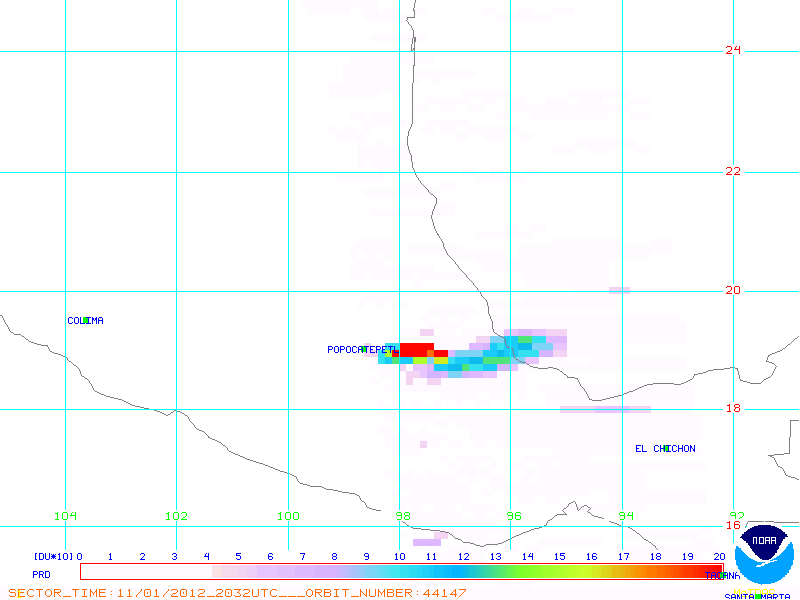 SO2 plume from Popocatépetl on November 1, 2012 (NOAA)