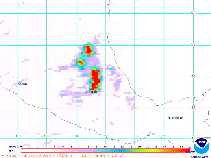 SO2 plume from Popocatépetl yesterday (NOAA)