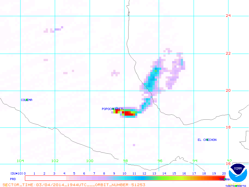SO2 plume from Popocatépetl yesterday (NOAA)