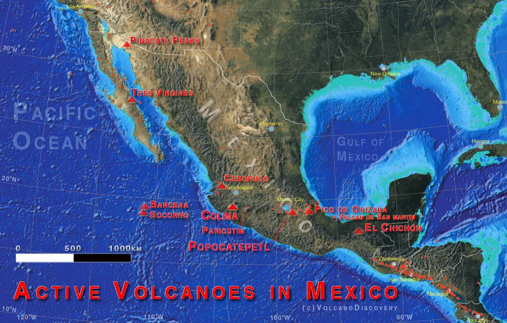 Map of Mexico's active volcanoes (red triangles). (Basemap created using UNAVCO/Voyager map tool feat. Face of the EarthTM)