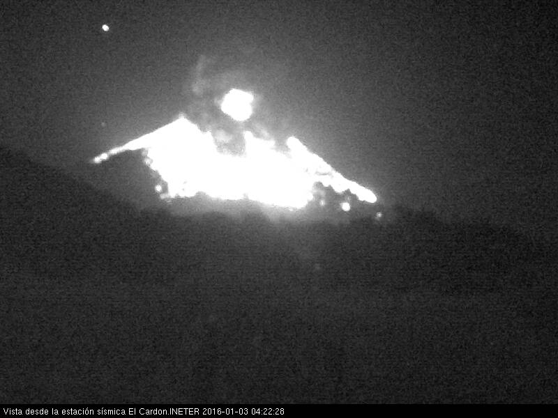 The cone of Momotombo volcano covered by glowing bombs from this morning's eruption