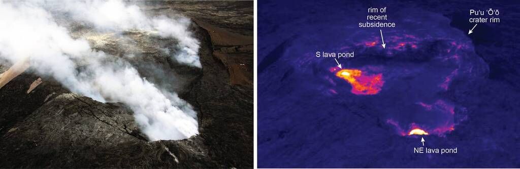 Left: Another view of the front of the June 27 flow, looking northeast. The flow front has narrowed as it has been confined against the slopes of the 2007 perched lava channel, and this is associated with a higher advance rate of the flow front over the past four days. Right: View, looking southwest, of Puʻu ʻŌʻō and the new perched lava pond. Puʻu ʻŌʻō is the fume-filled crater in the top half of the image. The circular feature in the lower portion of the photograph is the perched lava pond active earlier this month, which was fed by the June 27 lava flow. This perched lava pond is now inactive, but the June 27 flows continue to advance towards the northeast.